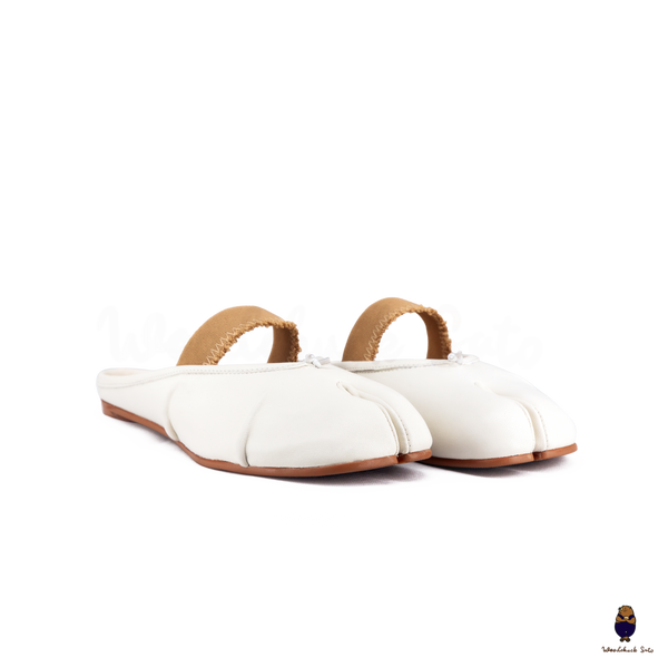 WoodchuckSato White Leather Tabi Mules with Ruched and Elastic Strap
