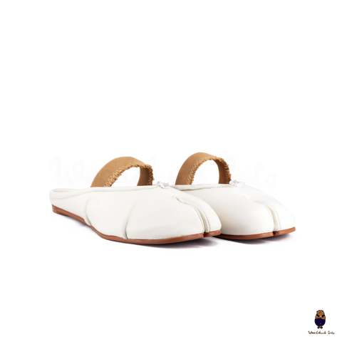 WoodchuckSato White Leather Tabi Mules with Ruched and Elastic Strap