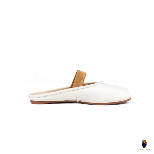 WoodchuckSato White Leather Tabi Mules with Ruched and Elastic Strap