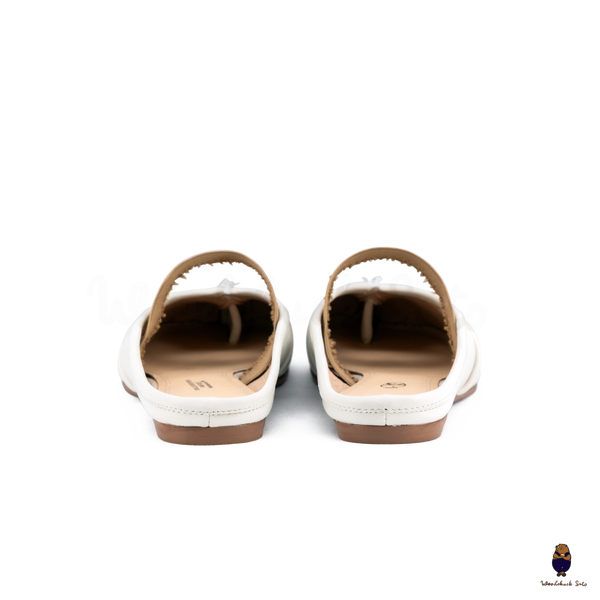 WoodchuckSato White Leather Tabi Mules with Ruched and Elastic Strap