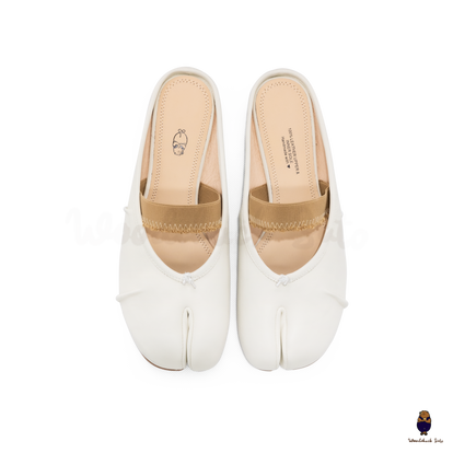 WoodchuckSato White Fold Leather Tabi Mules with Beige Elastic