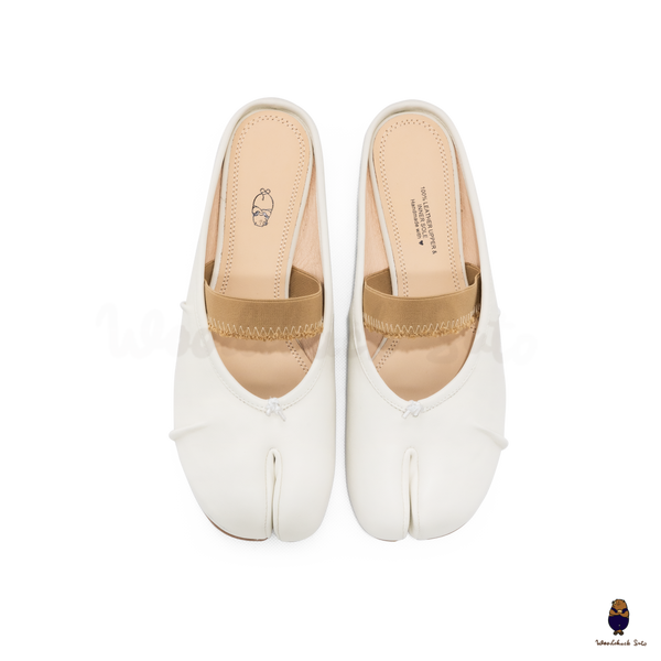 WoodchuckSato White Leather Tabi Mules with Ruched and Elastic Strap