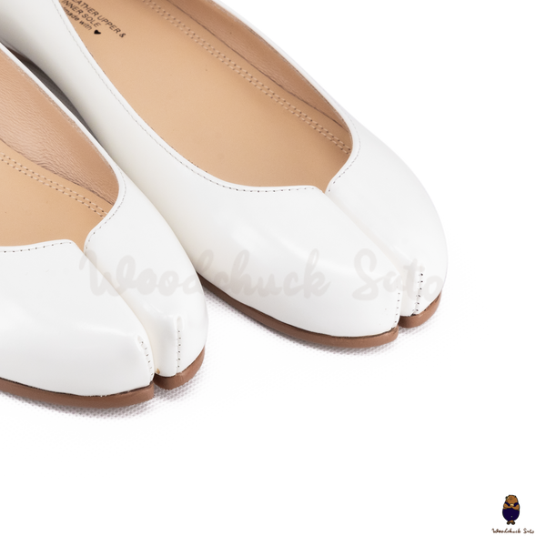 WoodchuckSato White Edge-Beaded Cowhide Leather Tabi Ballet Flats