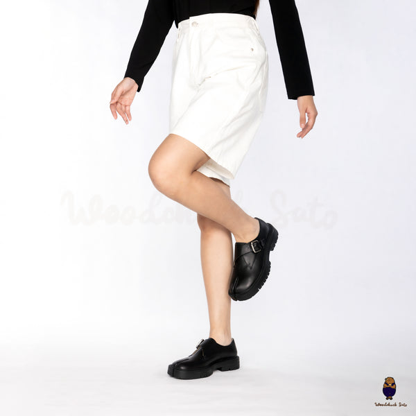 WoodchuckSato Blsck Edge-Beaded Cowhide Leather Tabi Monk Strap Shoes with Chunky Sole