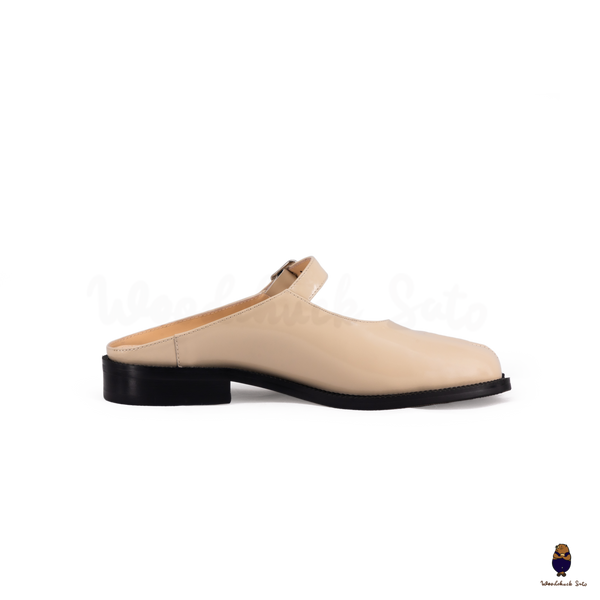 WoodchuckSato Beige Edge-Beaded Cowhide Leather Tabi Mary Jane Mules