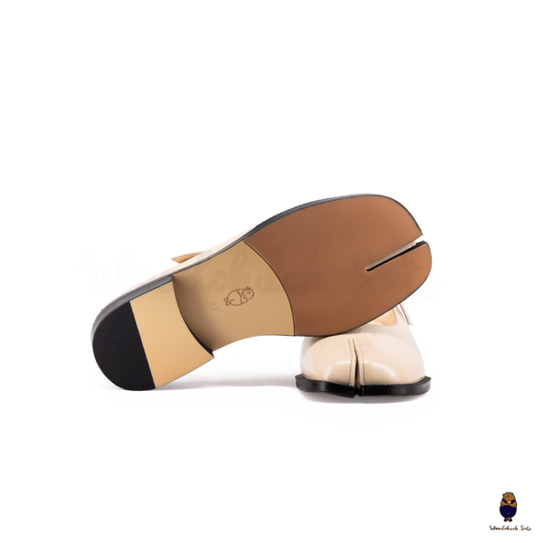 WoodchuckSato Beige Edge-Beaded Cowhide Leather Tabi Mary Jane Mules