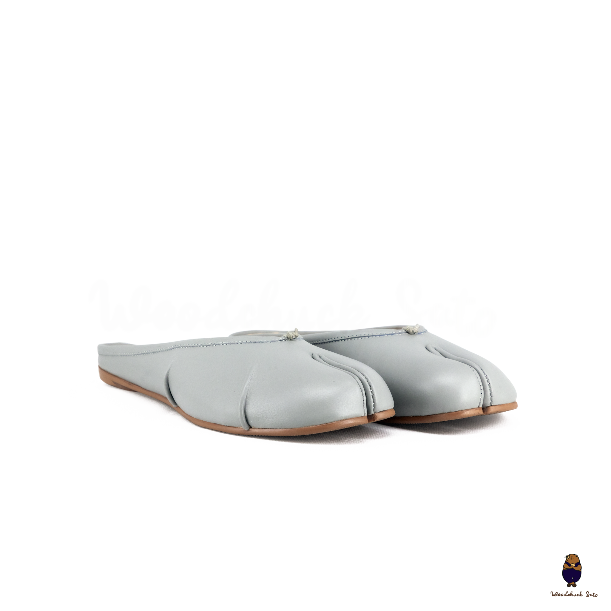 WoodchuckSato Baby Blue Leather Tabi Slip-On Mules with Ruched