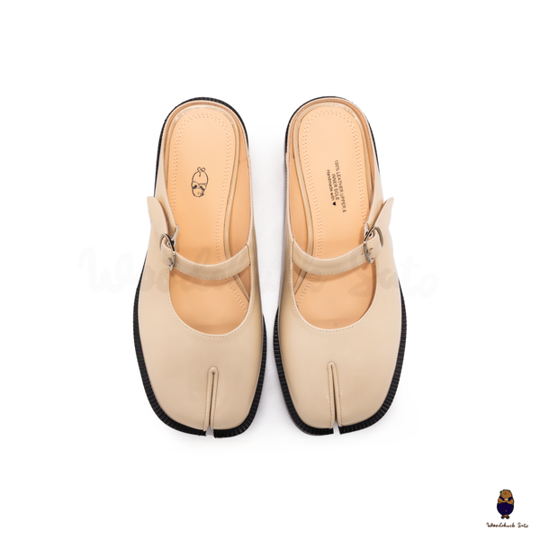 WoodchuckSato Beige Edge-Beaded Cowhide Leather Tabi Mary Jane Mules