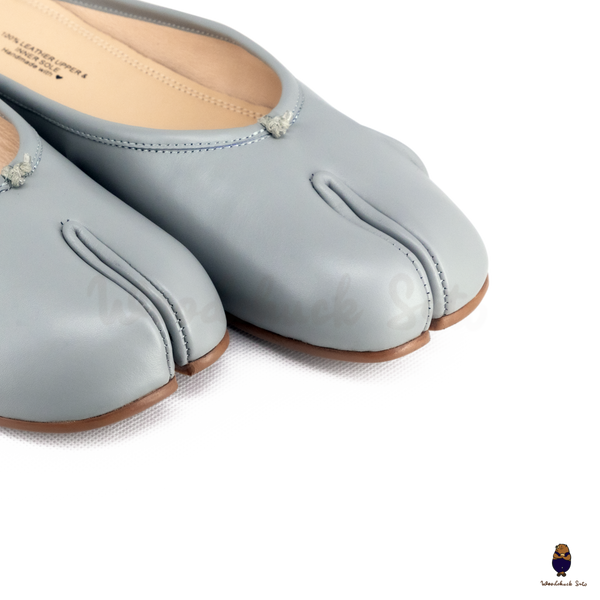 WoodchuckSato Baby Blue Leather Tabi Slip-On Mules with Ruched