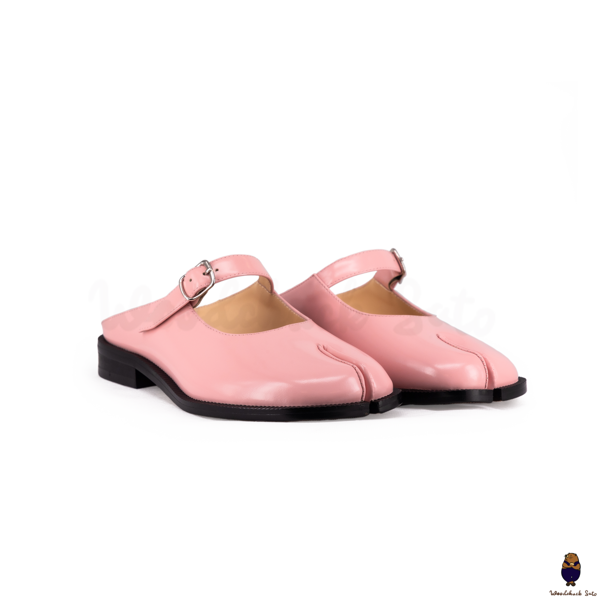 WoodchuckSato Pink Edge-Beaded Cowhide Leather Tabi Mary Jane Mules