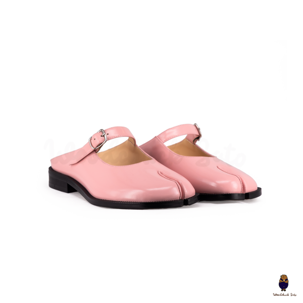 WoodchuckSato Pink Edge-Beaded Cowhide Leather Tabi Mary Jane Mules
