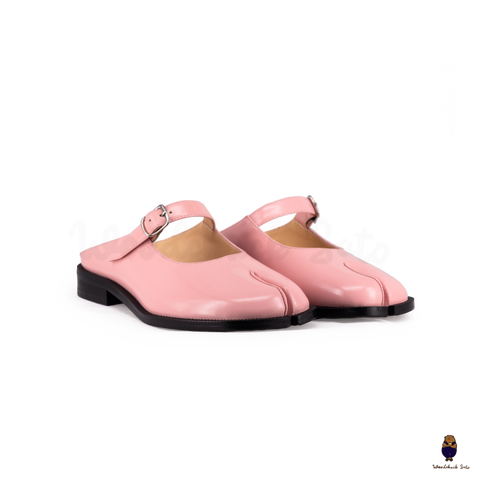 WoodchuckSato Pink Edge-Beaded Cowhide Leather Tabi Mary Jane Mules
