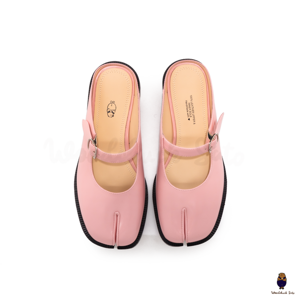WoodchuckSato Pink Edge-Beaded Cowhide Leather Tabi Mary Jane Mules