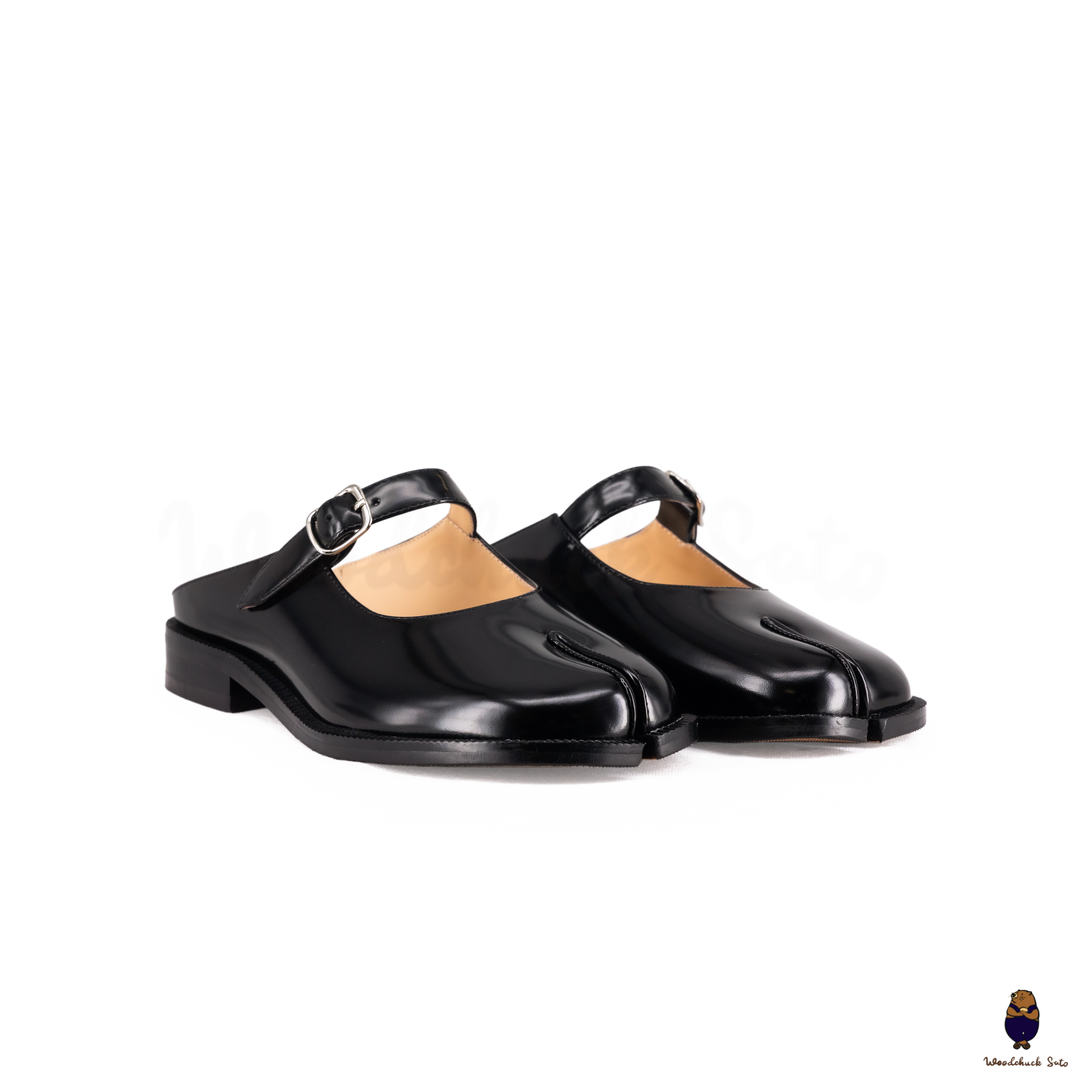 WoodchuckSato Black Edge-Beaded Cowhide Leather Tabi Mary Jane Mules