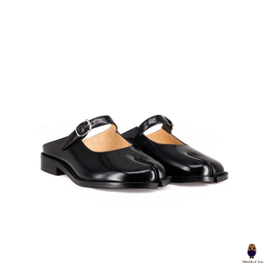 WoodchuckSato Black Edge-Beaded Cowhide Leather Tabi Mary Jane Mules