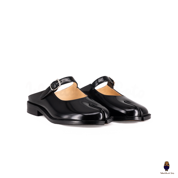 WoodchuckSato Black Edge-Beaded Cowhide Leather Tabi Mary Jane Mules