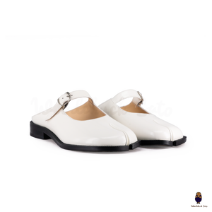 WoodchuckSato White Edge-Beaded Cowhide Leather Tabi Mary Jane Mules