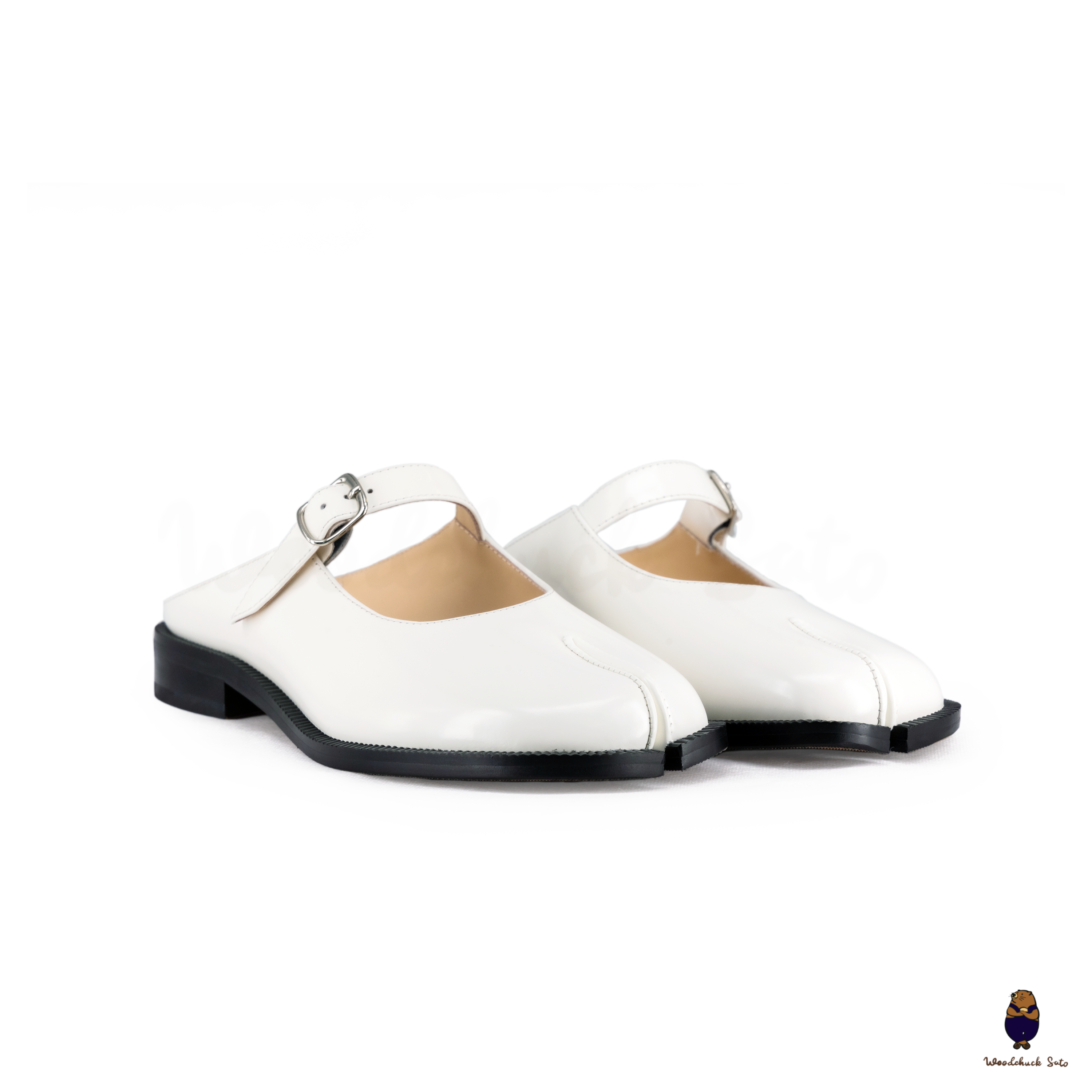 WoodchuckSato White Edge-Beaded Cowhide Leather Tabi Mary Jane