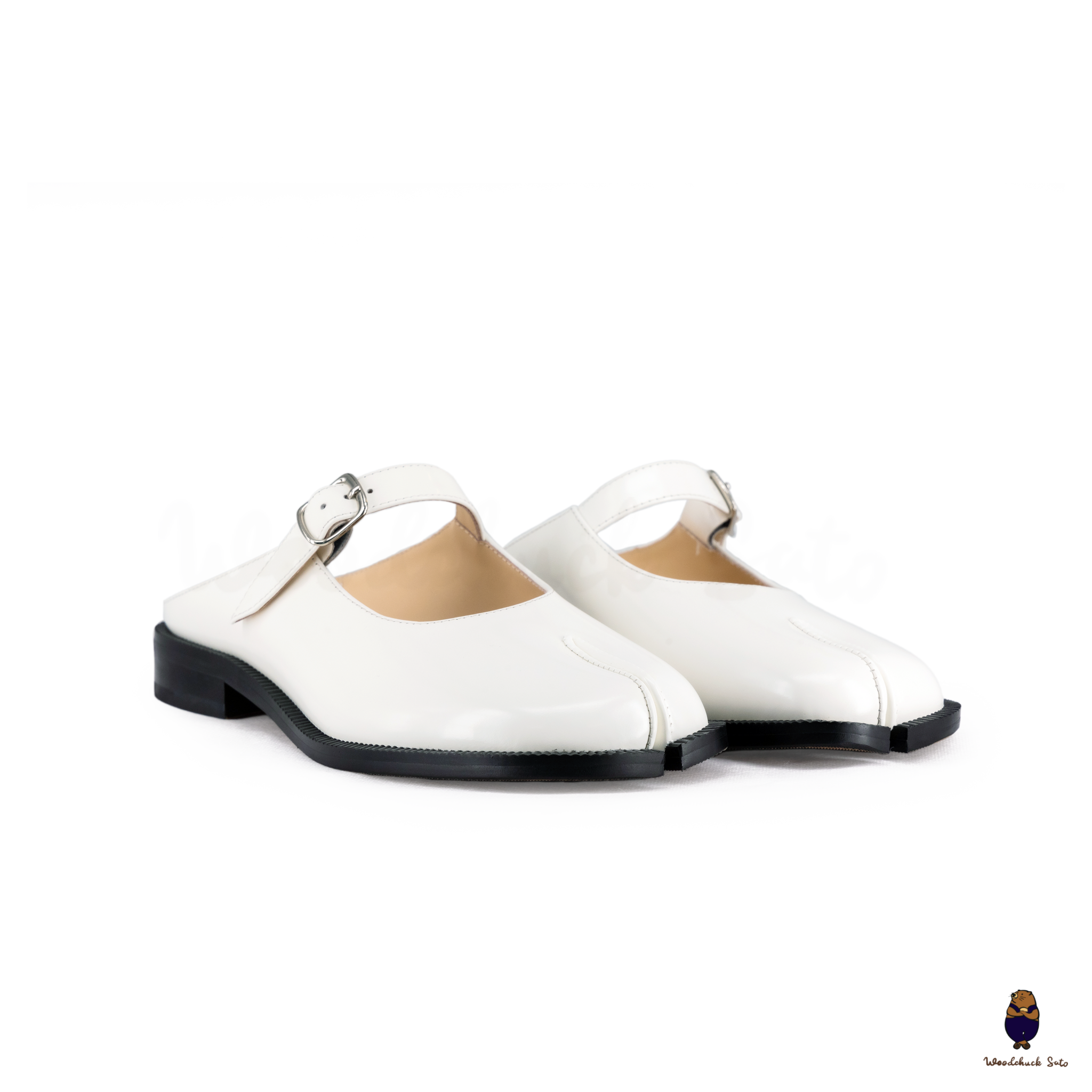 WoodchuckSato White Edge-Beaded Cowhide Leather Tabi Mary Jane Mules