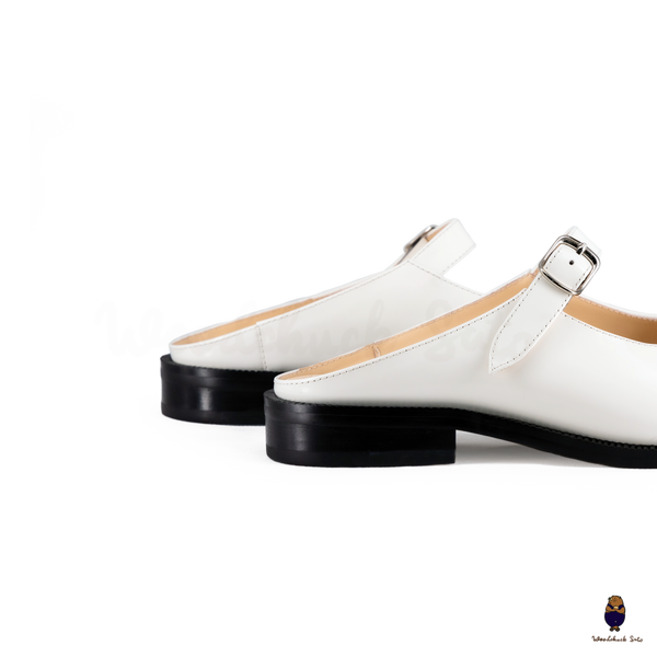 WoodchuckSato White Edge-Beaded Cowhide Leather Tabi Mary Jane Mules