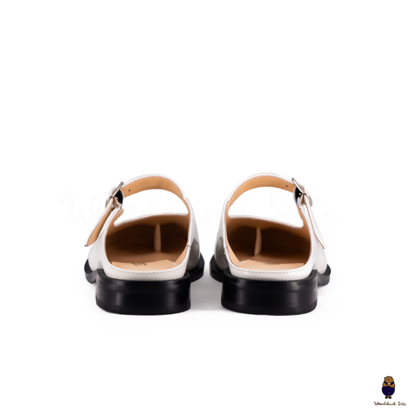 WoodchuckSato White Edge-Beaded Cowhide Leather Tabi Mary Jane Mules