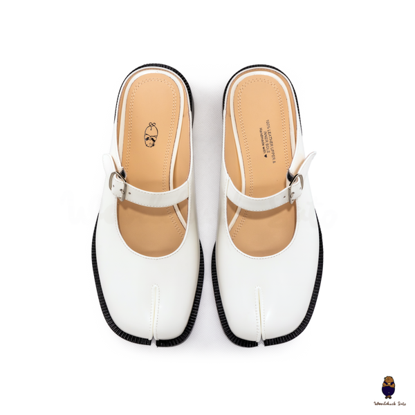 WoodchuckSato White Edge-Beaded Cowhide Leather Tabi Mary Jane Mules