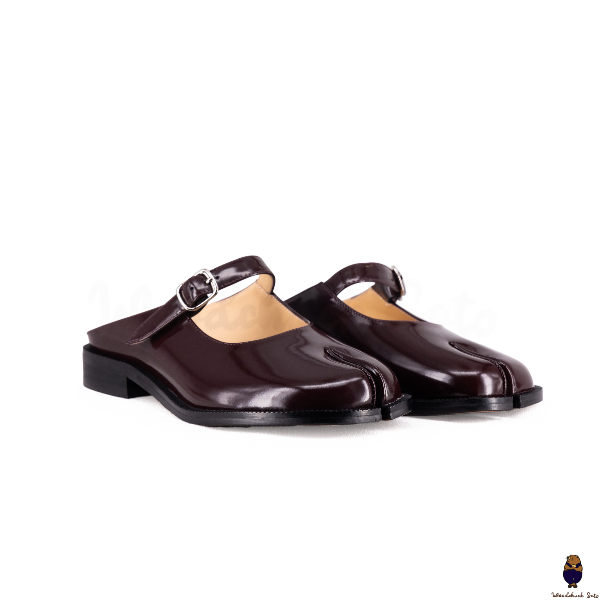WoodchuckSato Burgundy Edge-Beaded Cowhide Leather Tabi Mary Jane Mules