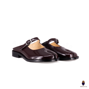 WoodchuckSato Burgundy Edge-Beaded Cowhide Leather Tabi Mary Jane Mules