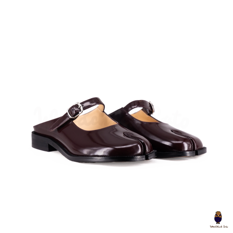 WoodchuckSato Burgundy Edge-Beaded Cowhide Leather Tabi Mary Jane Mules