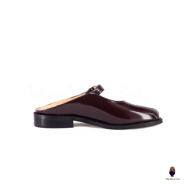 WoodchuckSato Burgundy Edge-Beaded Cowhide Leather Tabi Mary Jane Mules
