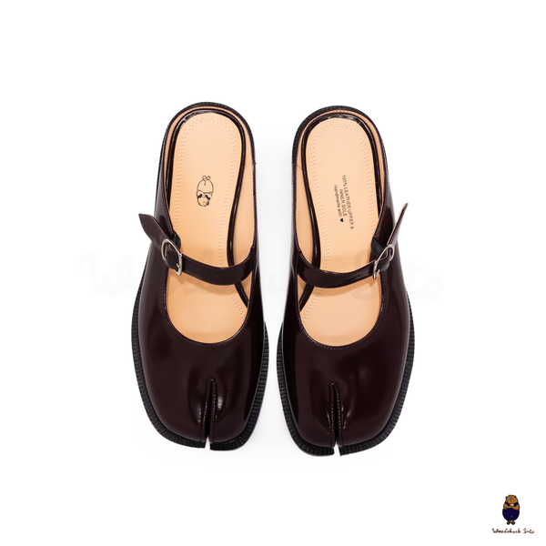 WoodchuckSato Burgundy Edge-Beaded Cowhide Leather Tabi Mary Jane Mules