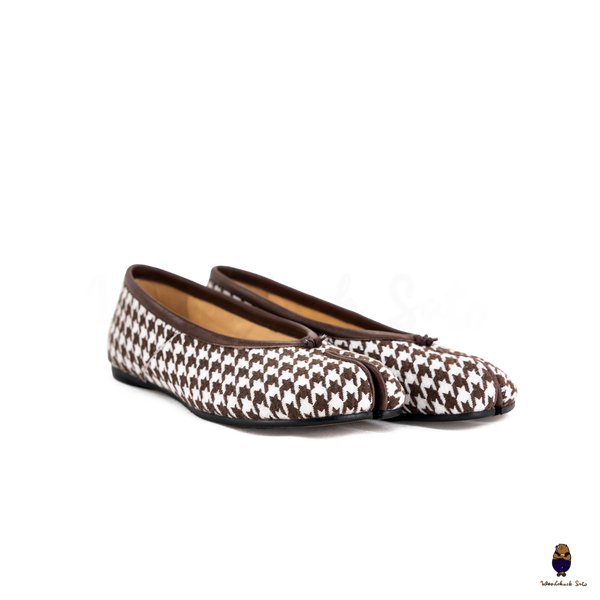 WoodchuckSato Brown Houndstooth Fabric & Sheep Leather Tabi Ballet Flats