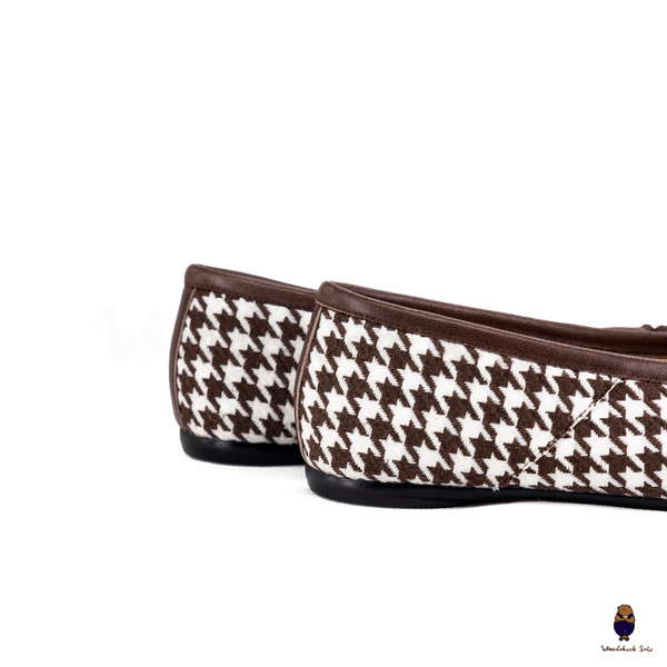 WoodchuckSato Brown Houndstooth Fabric & Sheep Leather Tabi Ballet Flats