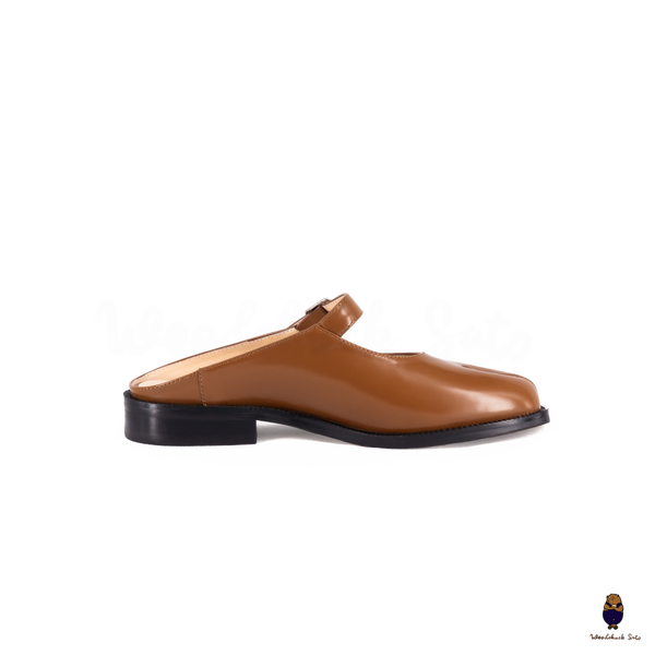 WoodchuckSato Brown Edge-Beaded Cowhide Leather Tabi Mary Jane Mules