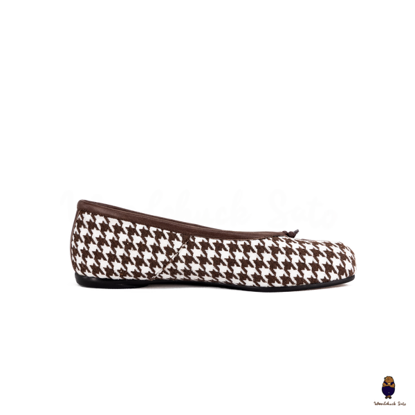 WoodchuckSato Brown Houndstooth Fabric & Sheep Leather Tabi Ballet Flats