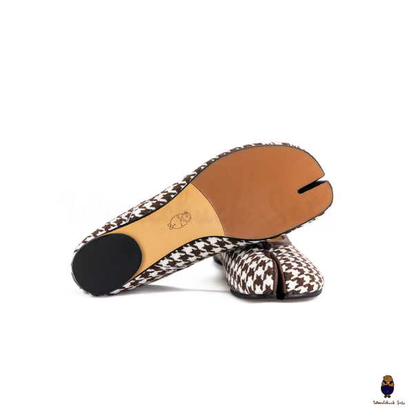 WoodchuckSato Brown Houndstooth Fabric & Sheep Leather Tabi Ballet Flats