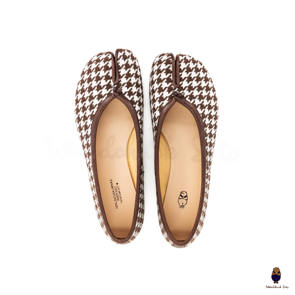 WoodchuckSato Brown Houndstooth Fabric & Sheep Leather Tabi Ballet Flats