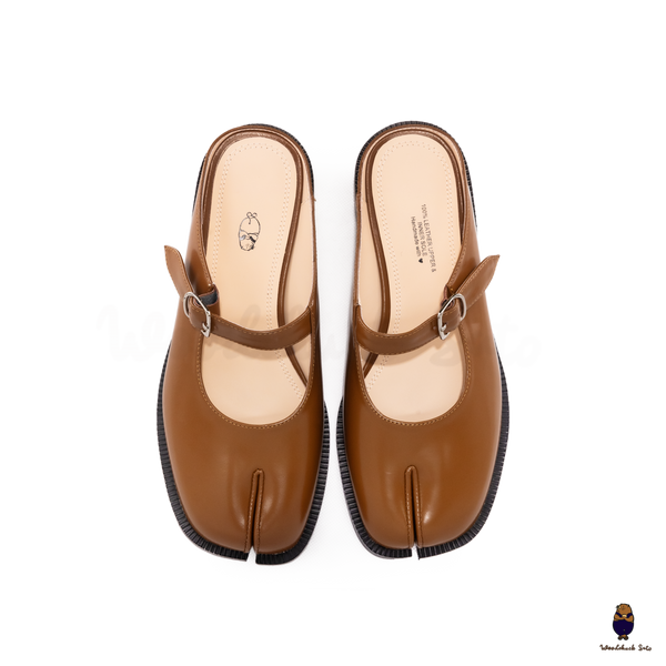 WoodchuckSato Brown Edge-Beaded Cowhide Leather Tabi Mary Jane Mules