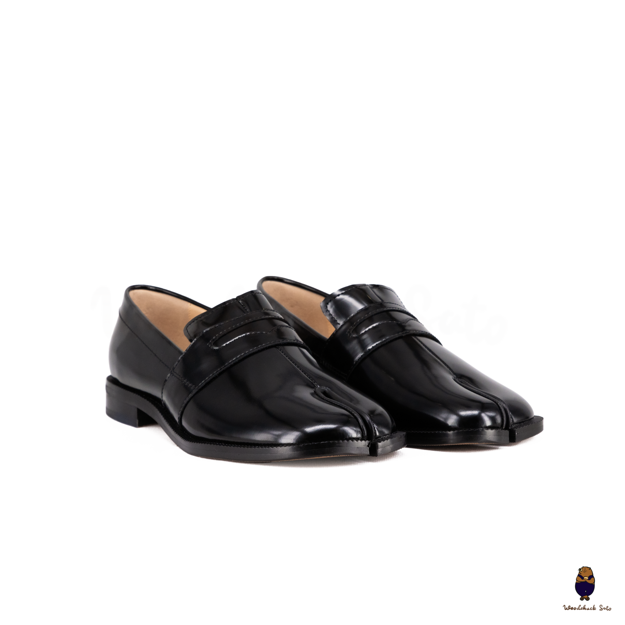 WoodchuckSato Black Edge-Beaded Cowhide Leather Tabi Penny Strap Loafers