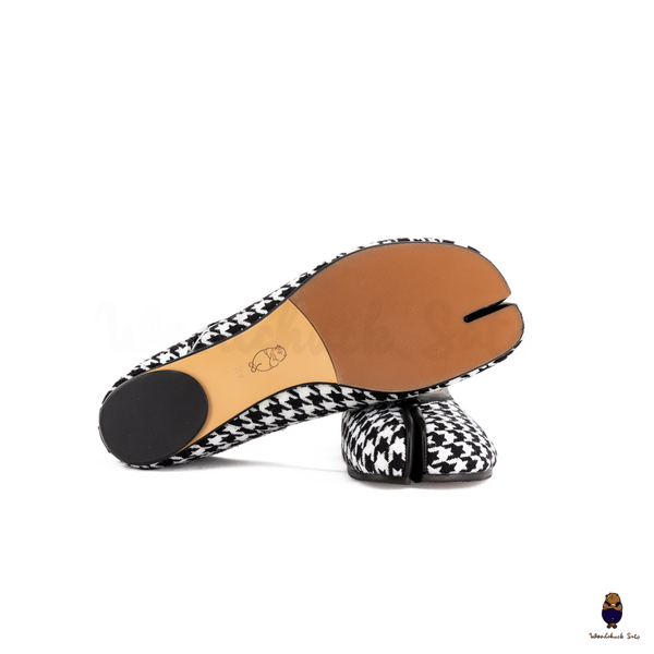 WoodchuckSato Houndstooth Fabric Leather Tabi Ballet Flats