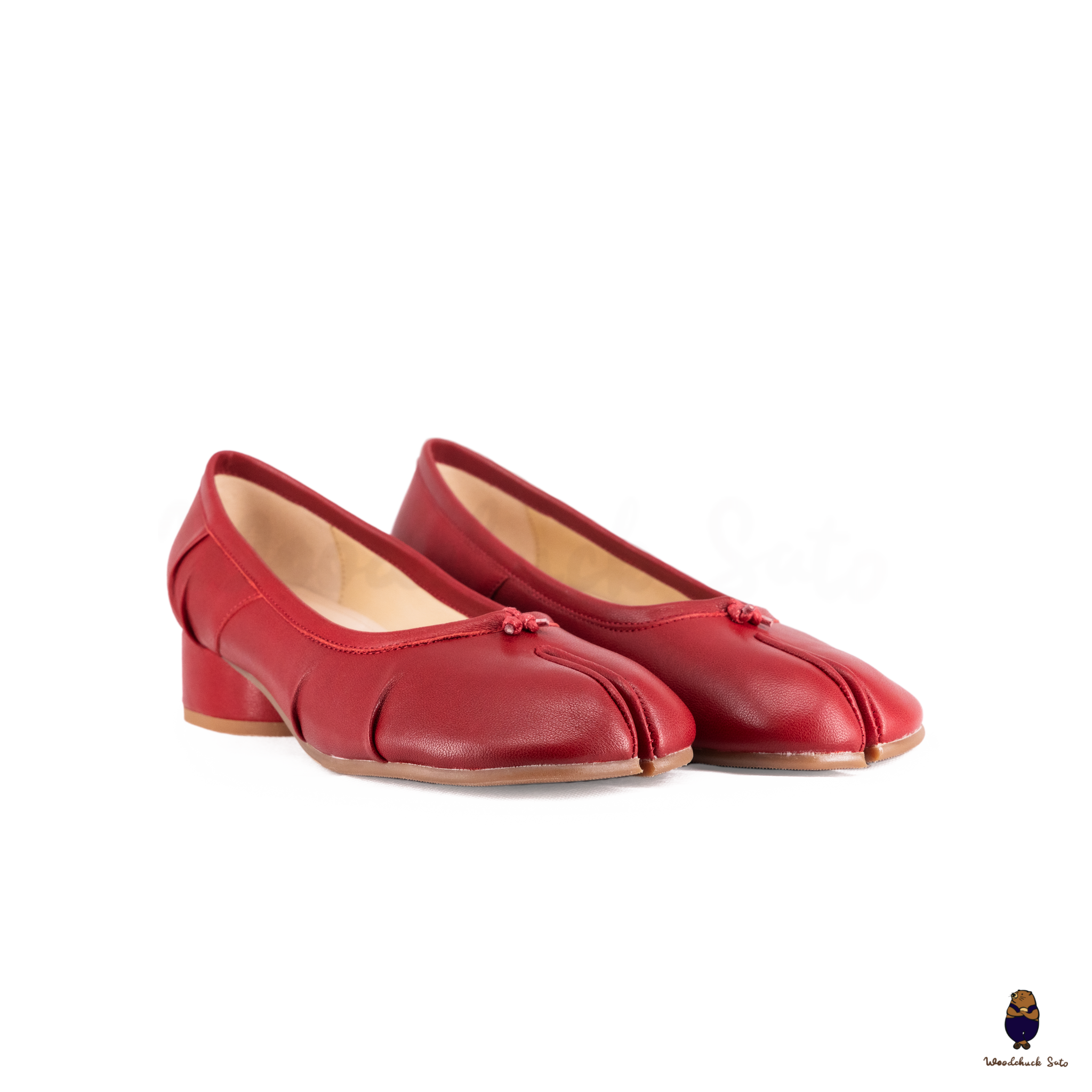 WoodchuckSato Red Leather Tabi Low Block Heel Pumps with Ruched Detailing
