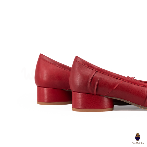 WoodchuckSato Red Leather Tabi Low Block Heel Pumps with Ruched Detailing