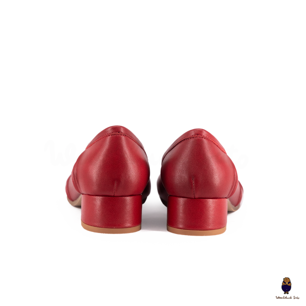 WoodchuckSato Red Leather Tabi Low Block Heel Pumps with Ruched Detailing