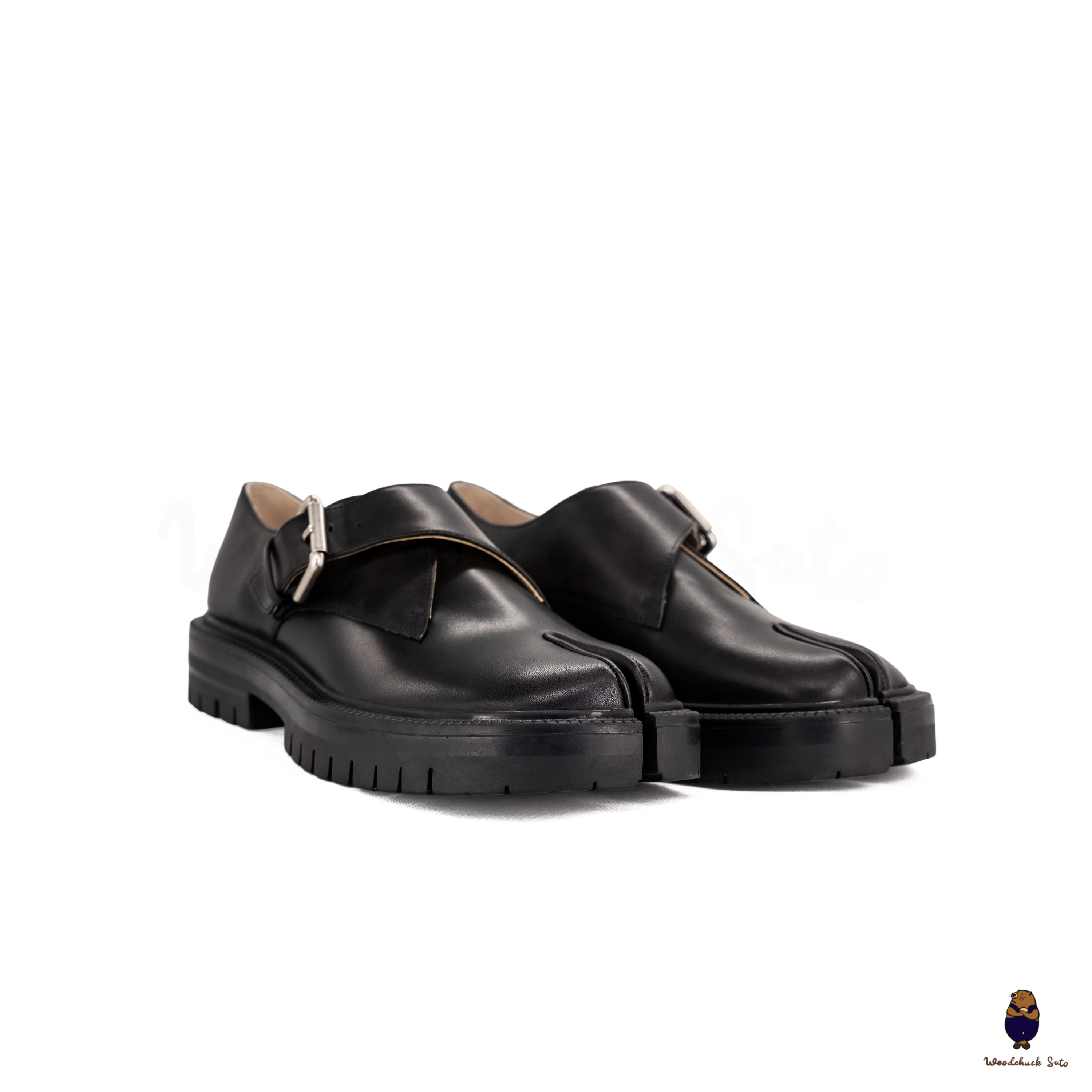 WoodchuckSato Blsck Edge-Beaded Cowhide Leather Tabi Monk Strap