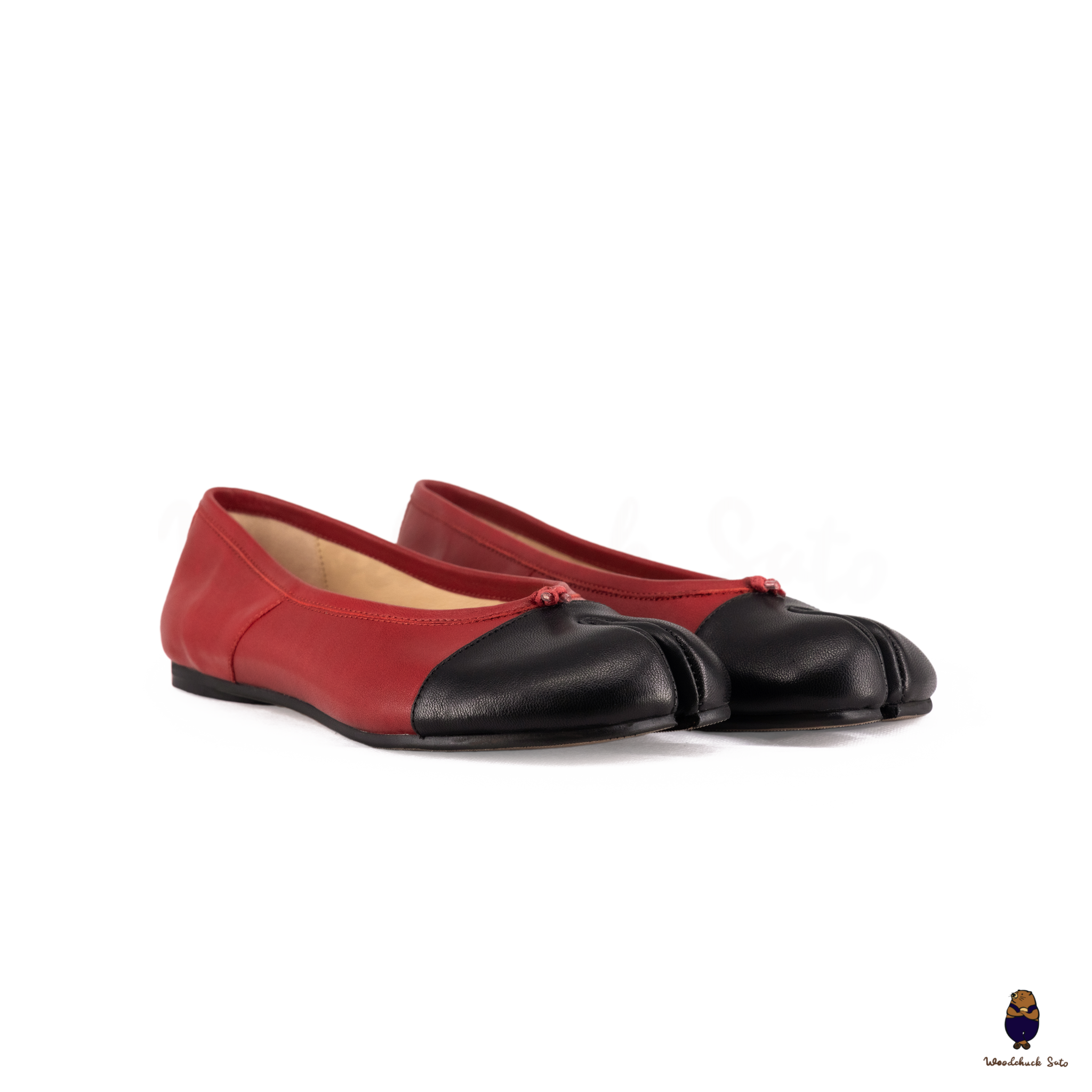WoodchuckSato Two-Tone Red & Black Leather Tabi Ballet Flats