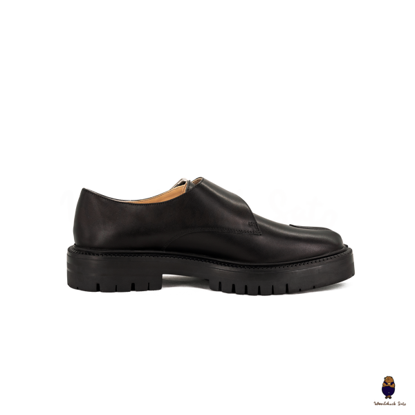 WoodchuckSato Blsck Edge-Beaded Cowhide Leather Tabi Monk Strap Shoes with Chunky Sole