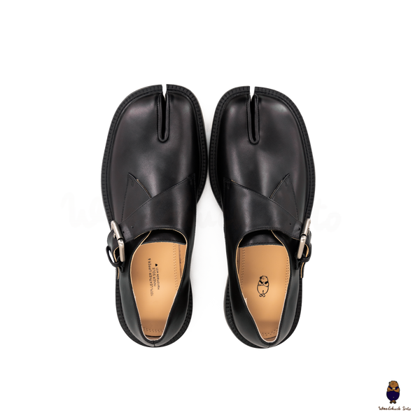 WoodchuckSato Blsck Edge-Beaded Cowhide Leather Tabi Monk Strap Shoes with Chunky Sole
