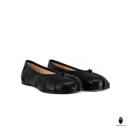 WoodchuckSato ブラック タビバレリーナフラットシューズ40 WoodchuckSato Black Leather Split-Toe Tabi Fold Ballerina Ballet