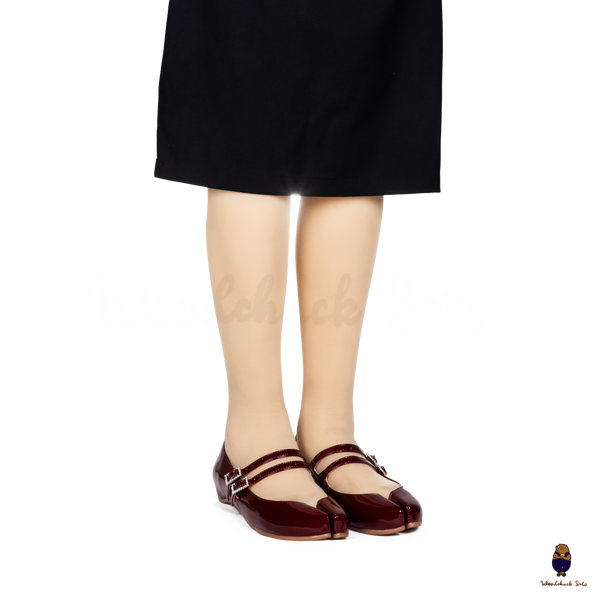 WoodchuckSato Burgundy Patent Leather Double-Strap Tabi Mary Jane Shoes Split-Toe Flats in Sizes 35 to 45
