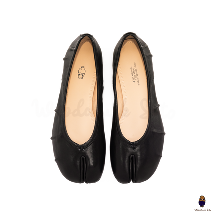 WoodchuckSato Black Leather Tabi Ballet Flats with Ruched